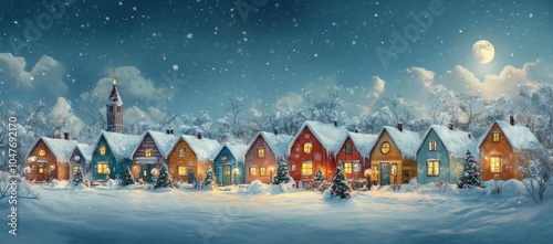 Row of colorful houses with white roofs in snow, Christmas trees and lanterns, bright watercolor style photo