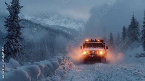 ervice vehicle driving on a snowy mountain road in extreme weather conditions photo