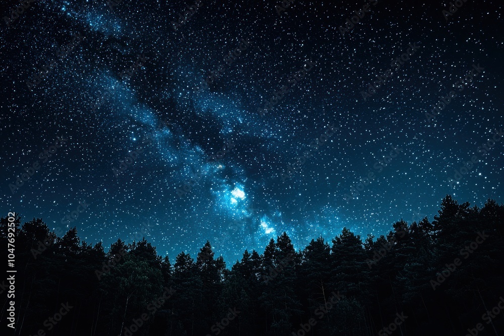 Fototapeta premium Silhouetted Forest Against a Starry Night Sky