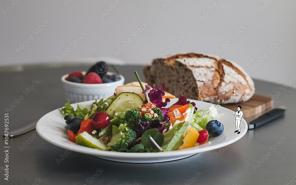 Fresh green salad with red and orange vegetables and a loaf of bread on a table Healthy food concept Fresh green salad with red and orange vegetables and a loaf of bread on a table Healthy food concept