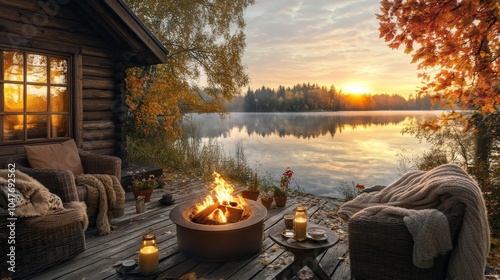 A cozy autumn scene by the lake with a charming cabin, fire pit, and vibrant fall colors