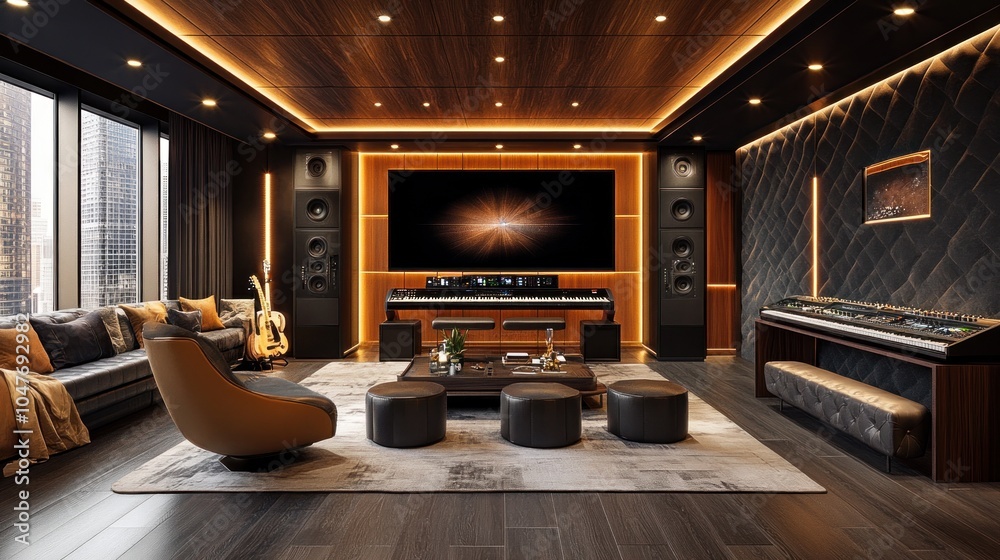 Modern home theater with large screen, comfortable seating, and a sound system. Modern home theater with large screen, comfortable seating, and a sound system.