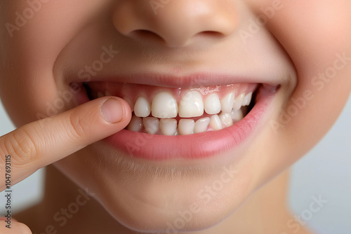 Close-up of smiling boy's mouth with finger pointing at teeth, healthy teeth