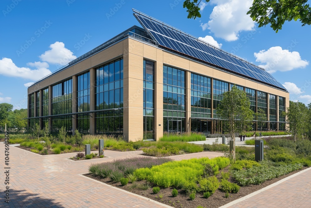 Modern office building with solar panels on the roof, promoting sustainable and eco-friendly architecture Modern office building with solar panels on the roof, promoting sustainable and eco-friendly architecture