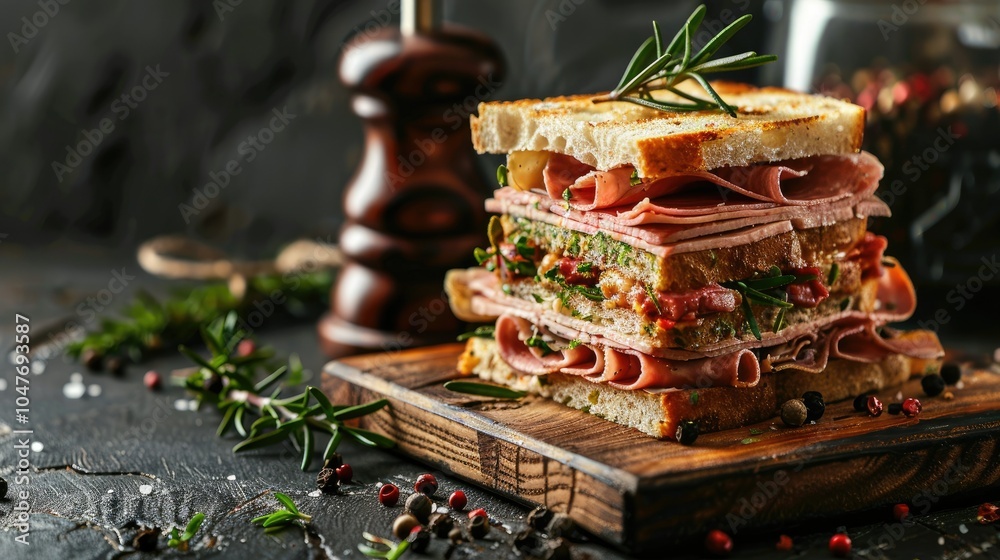 Sliced layered club sandwich on a wooden board Sliced layered club sandwich on a wooden board