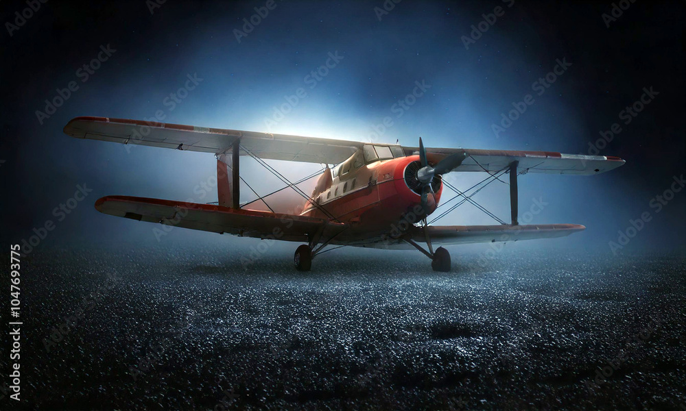Naklejka premium A dark, haunting scene of an old, plane at night, surrounded by fog and shadows