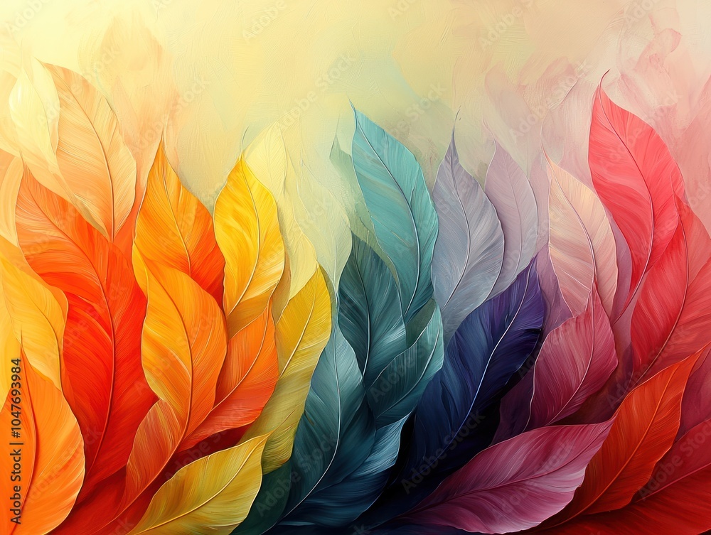 A Vibrant Palette of Overlapping Leaves in an Abstract Painting A Vibrant Palette of Overlapping Leaves in an Abstract Painting