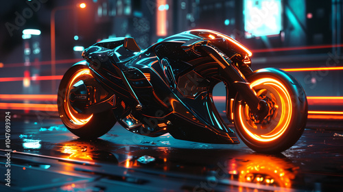 Futuristic neon-lit motorcycle parked in a rainy, reflective urban cyberpunk cityscape at night photo