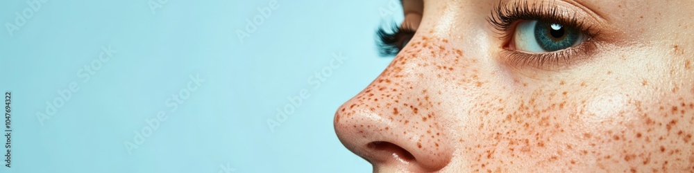 Fototapeta premium Banner. Close-up profile of a freckled face highlighting natural beauty, perfect skin, and long eyelashes, with ample copy space on a serene blue background