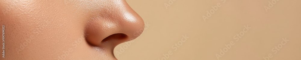 Fototapeta premium Banner with copy space. Close-up of a woman's flawless, radiant nose skin, showcasing skincare and beauty, with plenty of room for text or design elements