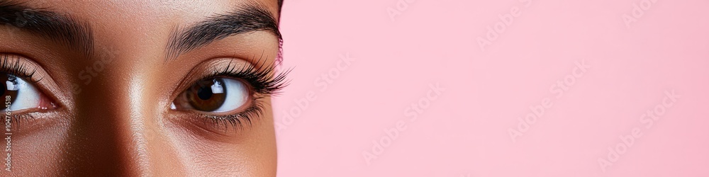 Banner with copy space. Close-up of a woman's captivating brown eyes and long lashes, set against a soft pink backdrop Banner with copy space. Close-up of a woman's captivating brown eyes and long lashes, set against a soft pink backdrop