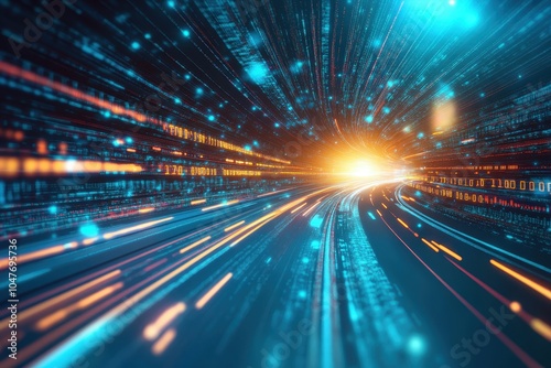 Abstract digital tunnel with bright lights and binary code.