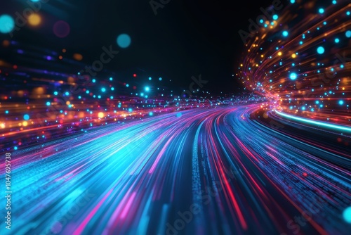 Abstract digital road with glowing blue, pink, and red light streaks.