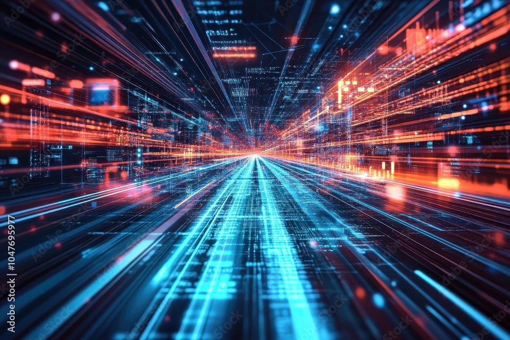 Abstract digital data highway with neon blue and red lights. Abstract digital data highway with neon blue and red lights.
