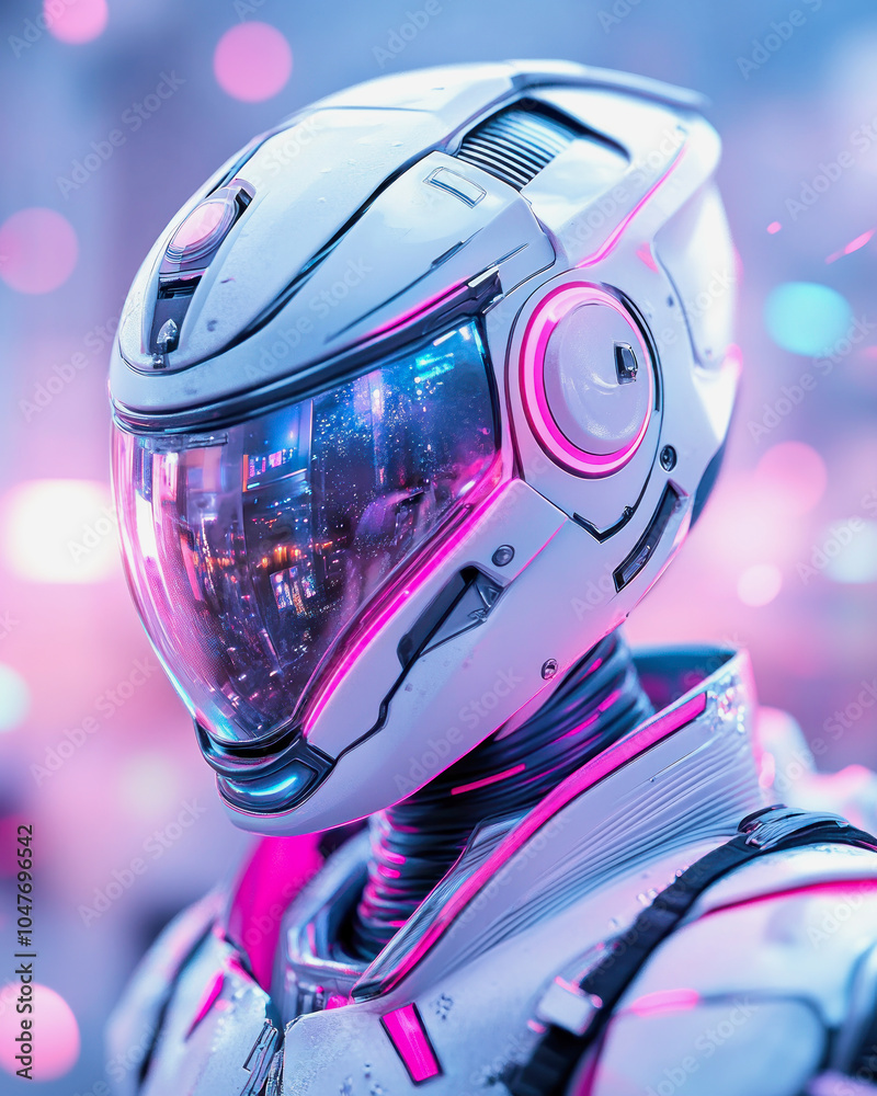 Futuristic knight costume featuring sleek armor and a high-tech helmet in a vibrant, illuminated urban setting at dusk Futuristic knight costume featuring sleek armor and a high-tech helmet in a vibrant, illuminated urban setting at dusk