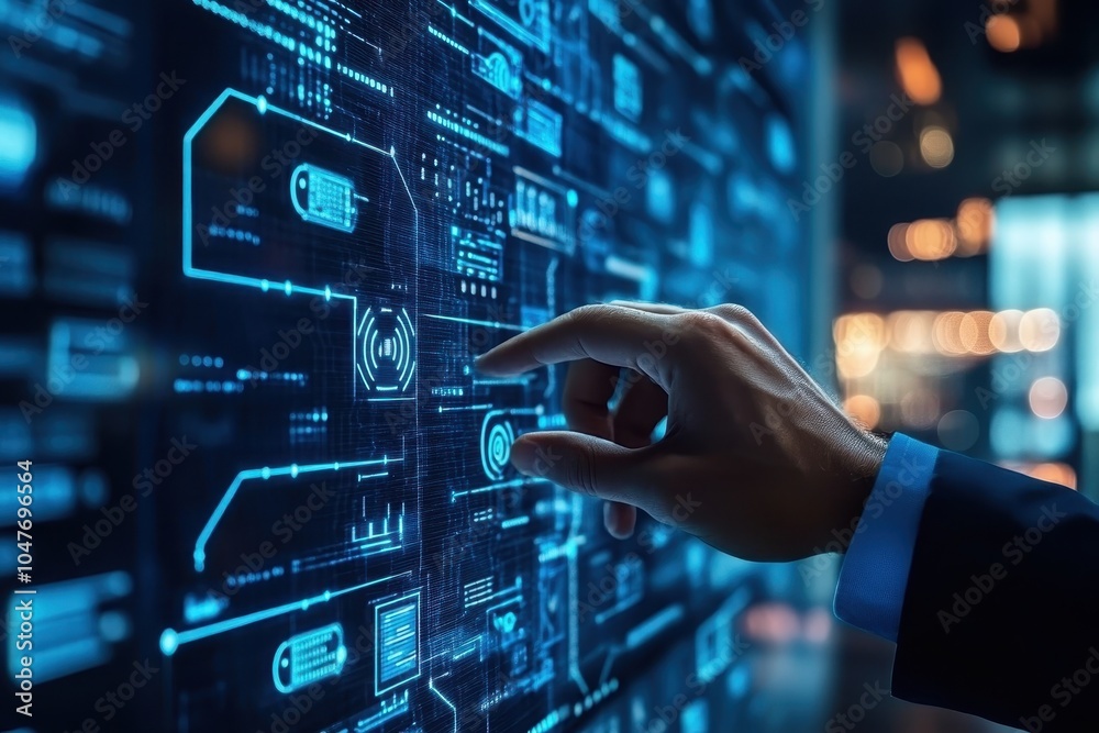 A hand reaches out to interact with a glowing digital interface. A hand reaches out to interact with a glowing digital interface.