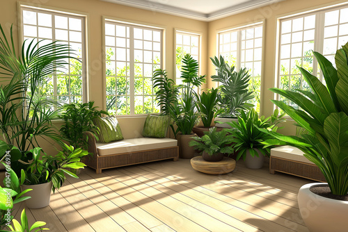 bright and inviting room filled with lush green plants  featuring comfortable seating and large windows that allow natural light to flood in  creating serene atmosphere