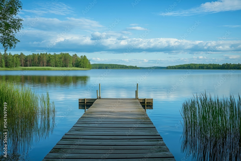 A wooden jetty extends into a tranquil lake under partly cloudy skies, encapsulating solitude and natural beauty. A wooden jetty extends into a tranquil lake under partly cloudy skies, encapsulating solitude and natural beauty.