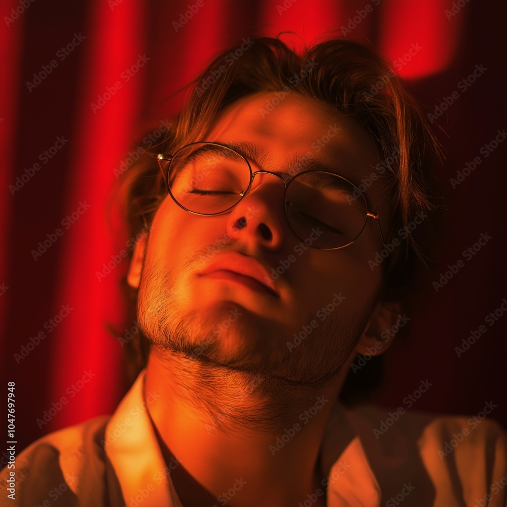 A relaxed man in glasses enjoys sunlight, basking in warmth and serenity.