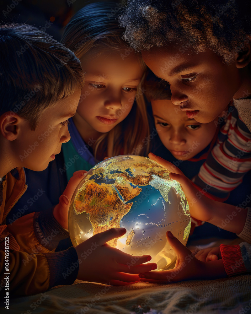 Curious children gazing at an illuminated globe, symbolizing unity and exploration