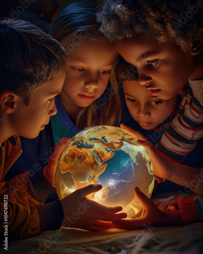 Obraz na płótnie Curious children gazing at an illuminated globe, symbolizing unity and exploration w salonie