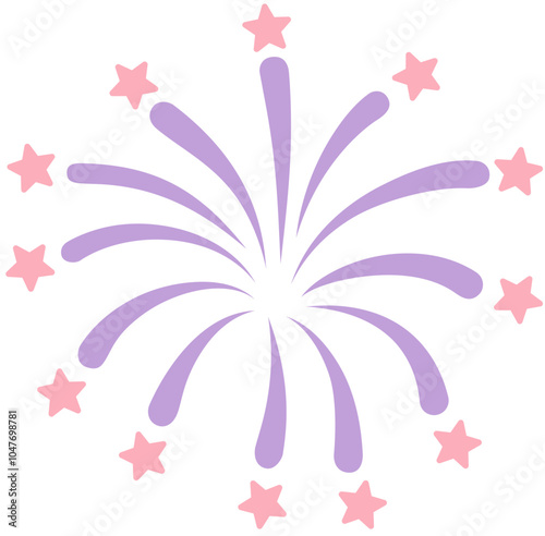 Radiant purple firework with pink star icon. Firecracker design. New year celebration element.