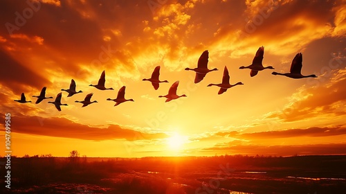 Wallpaper Mural A flock of geese flying in a V-formation against a golden sunset Torontodigital.ca