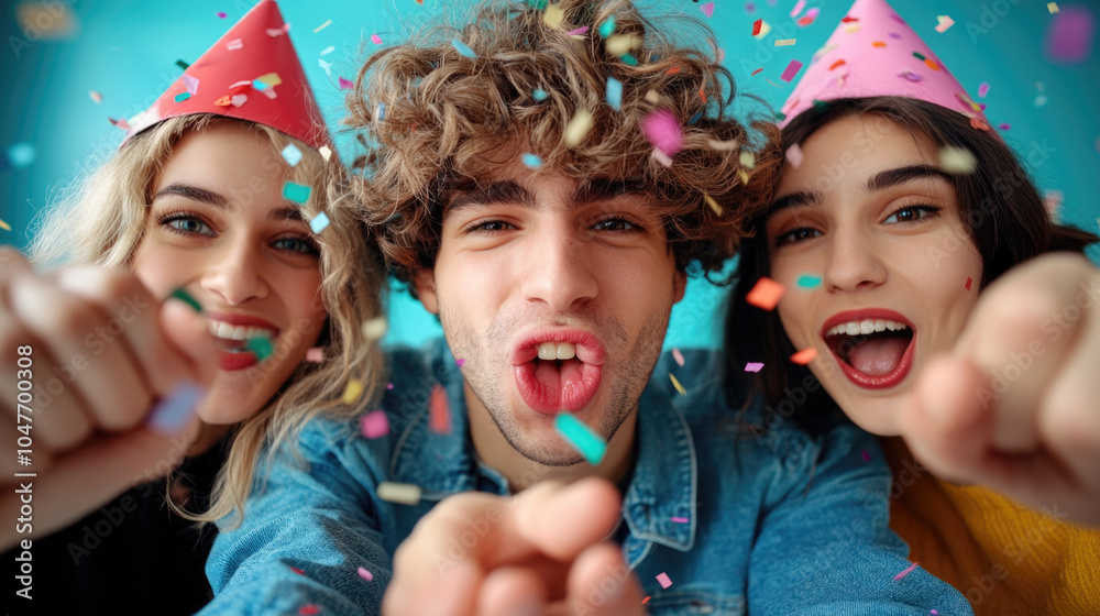 Joyful celebration: friends enjoying a colorful party with confetti and laughter Joyful celebration: friends enjoying a colorful party with confetti and laughter