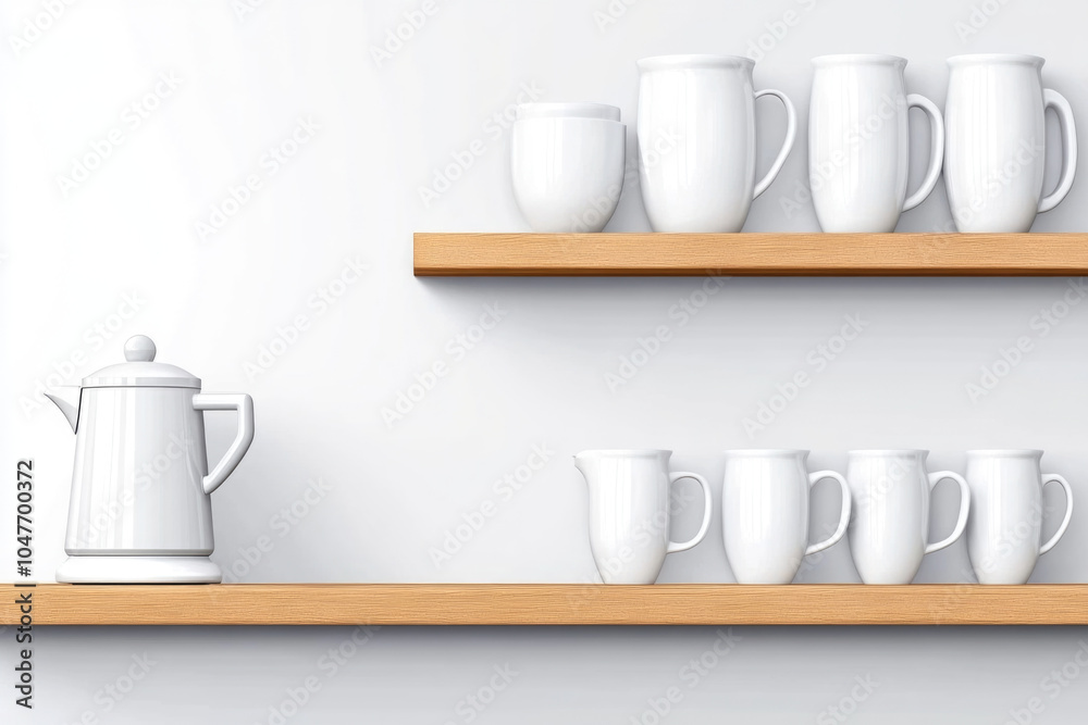 Minimalist kitchen design with white ceramic jugs on wooden shelves Minimalist kitchen design with white ceramic jugs on wooden shelves