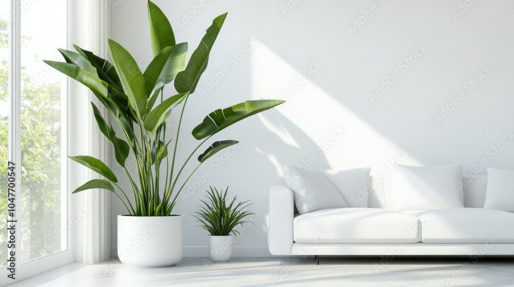 A white living room with a large potted plant and a white couch