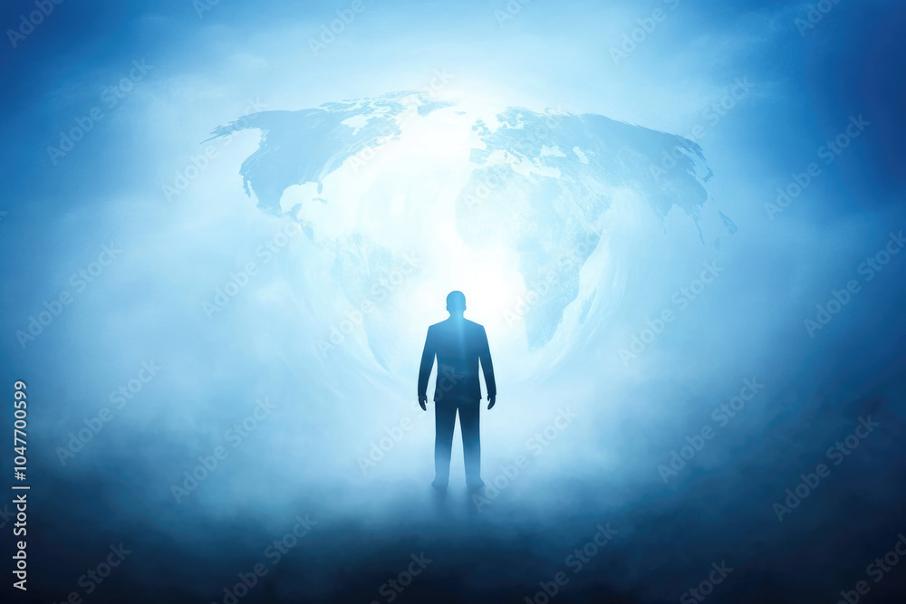 Silhouette of a businessman standing in front of a glowing world map Silhouette of a businessman standing in front of a glowing world map