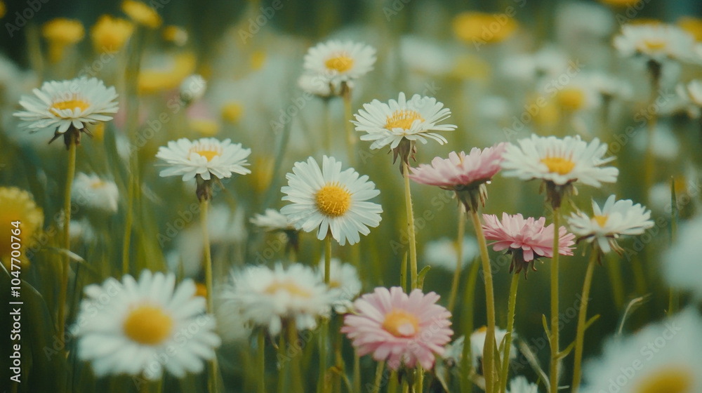 Fototapeta premium A vibrant field of blooming daisies in spring under bright sunlight