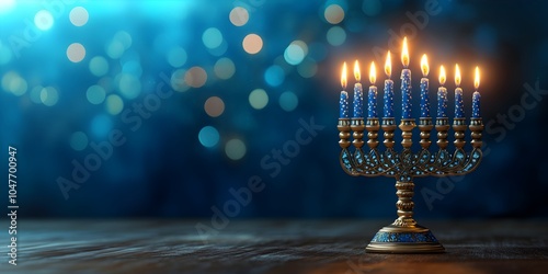 Menorah or hanukkiah with nine burning candles on dark background with golden bokeh lights. Symbol of jewish holiday Hanukkah. Religious concept. Template with copy space for greeting card, banner photo