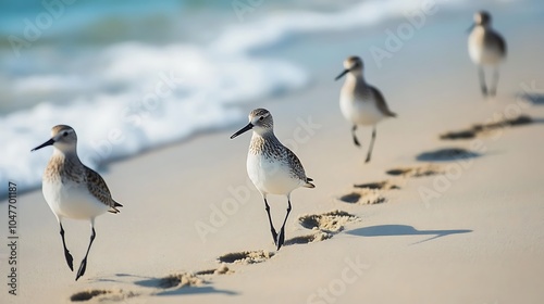 A flock of sandpipers running along the shoreline, their tiny feet leaving tracks in the sand