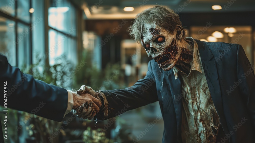 A zombie in a business setting, engaging in a handshake with a client, both looking somewhat disheveled. A zombie in a business setting, engaging in a handshake with a client, both looking somewhat disheveled.