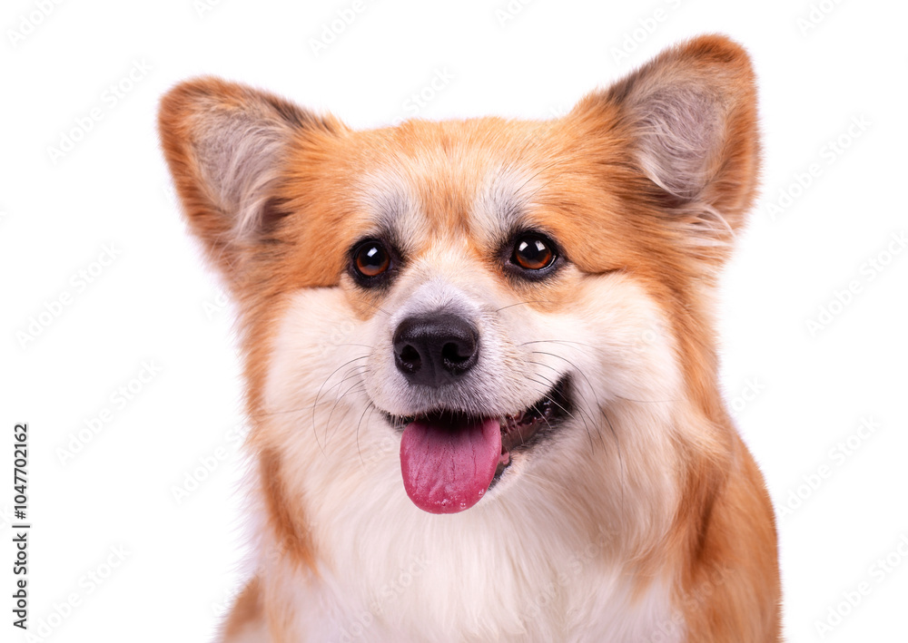Obraz premium Cute Fluffy Welsh Corgi Pembroke against white background. Portrait of Red Fluffy Corgi dog