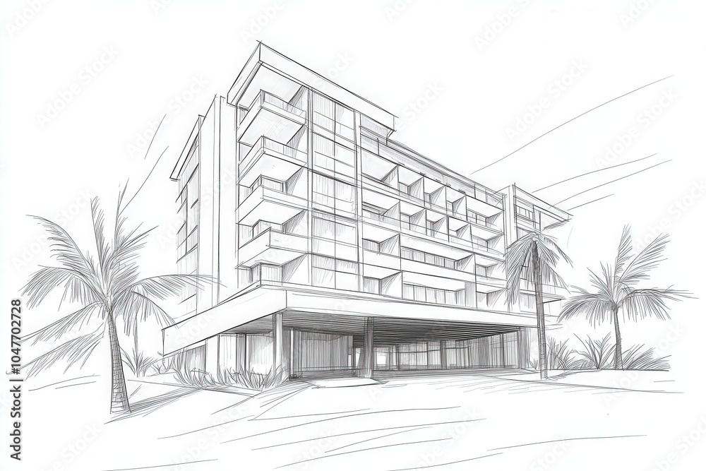 A minimalist hotel design showcases a clean architectural outline, featuring several balconies and a large outdoor area framed by palm trees under a bright sky during the daytime. A minimalist hotel design showcases a clean architectural outline, featuring several balconies and a large outdoor area framed by palm trees under a bright sky during the daytime.