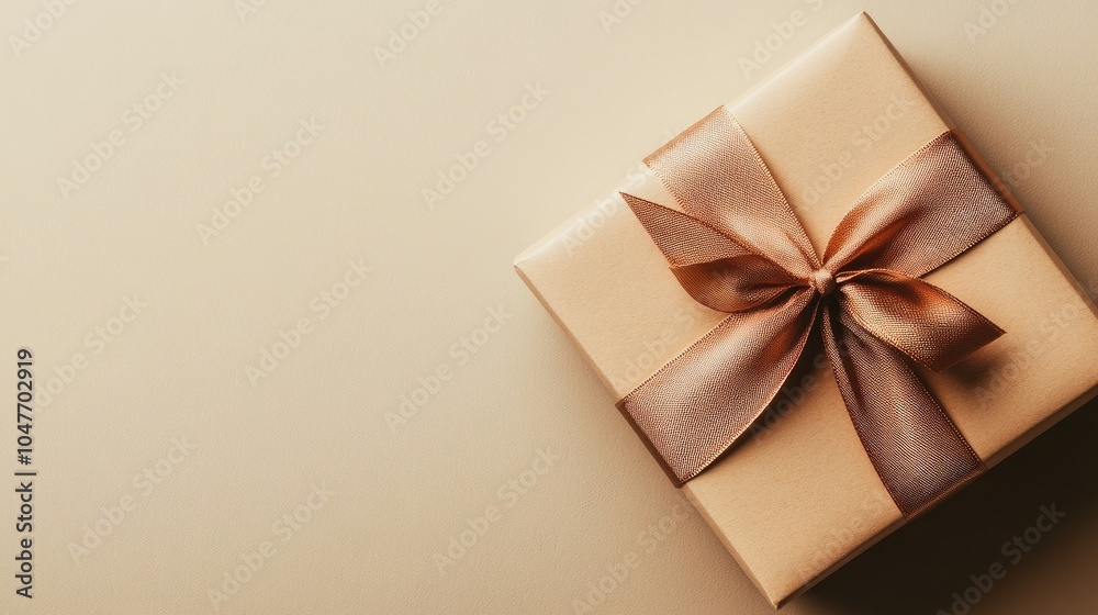 Beautifully wrapped gift box is lying on a brown surface Beautifully wrapped gift box is lying on a brown surface