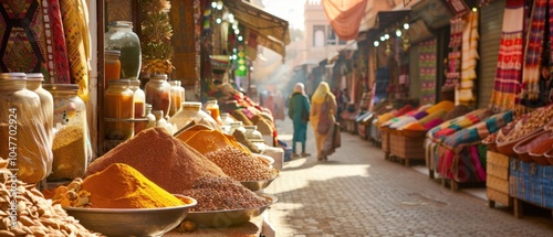 Colorful Moroccan Market Street with Vibrant Spices and Textiles
