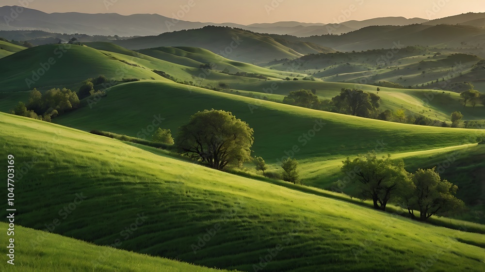 Fototapeta premium Serene Rolling Hills: Sun-drenched landscape, Tuscany-like hills, vibrant green pastures, idyllic countryside, tranquil scenery 