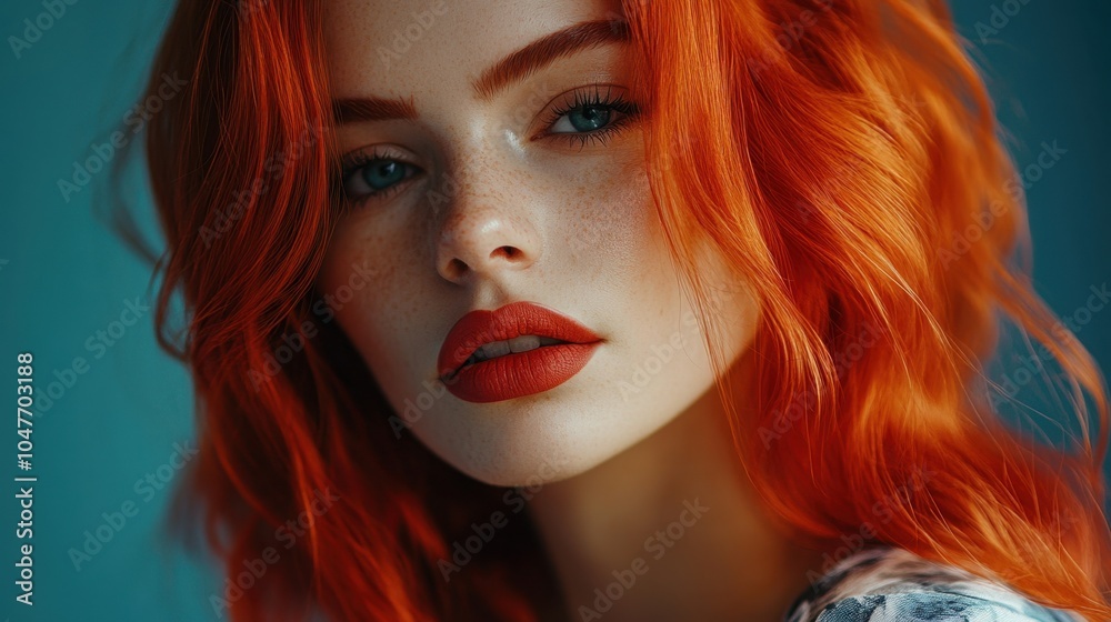 Radiant Redhead Woman with Freckles on Pink Background