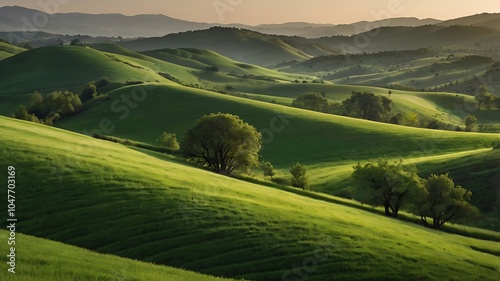 Serene Rolling Hills: Sun-drenched landscape, Tuscany-like hills, vibrant green pastures, idyllic countryside, tranquil scenery 