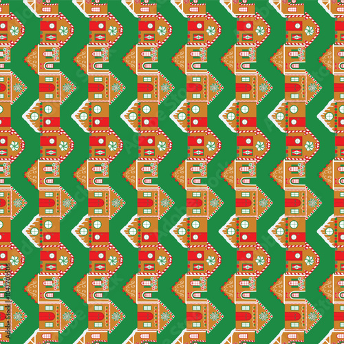 Gingerbread Houses in Traditional Red and Green in Vertical Stripes on Green background creating a seamless pattern print background