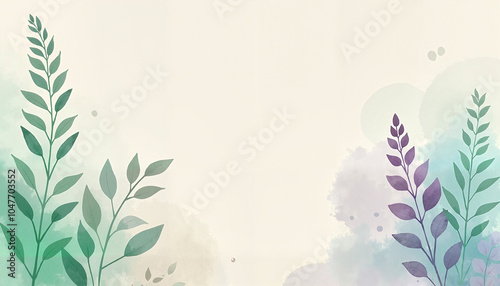 Abstract botanical leaves on watercolor background, spa salon backdrop.