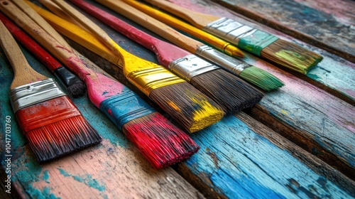 A variety of vibrant paintbrushes lined up on painted wooden planks, promoting home improvement.