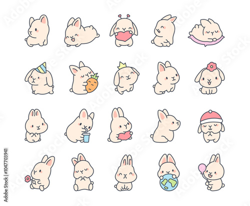 Cute kawaii bunny. Adorable cartoon character. Vector drawing. Collection of design elements.