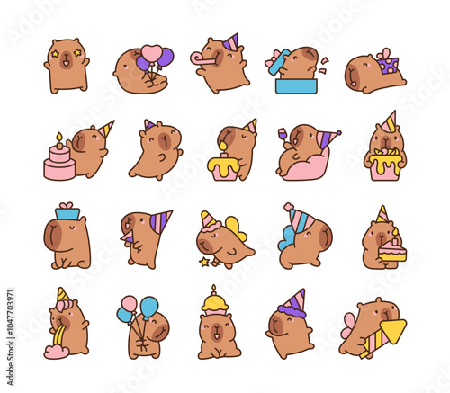 Cheerful capybara at a birthday party. Cartoon holiday animal. Hand drawn style. Vector drawing. Collection of design elements.