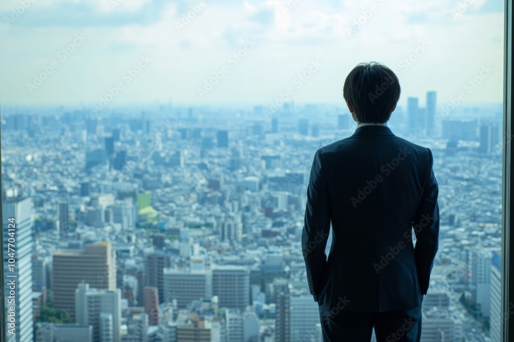 A man business suit, standing in front of skyscraper, window A man business suit, standing in front of skyscraper, window