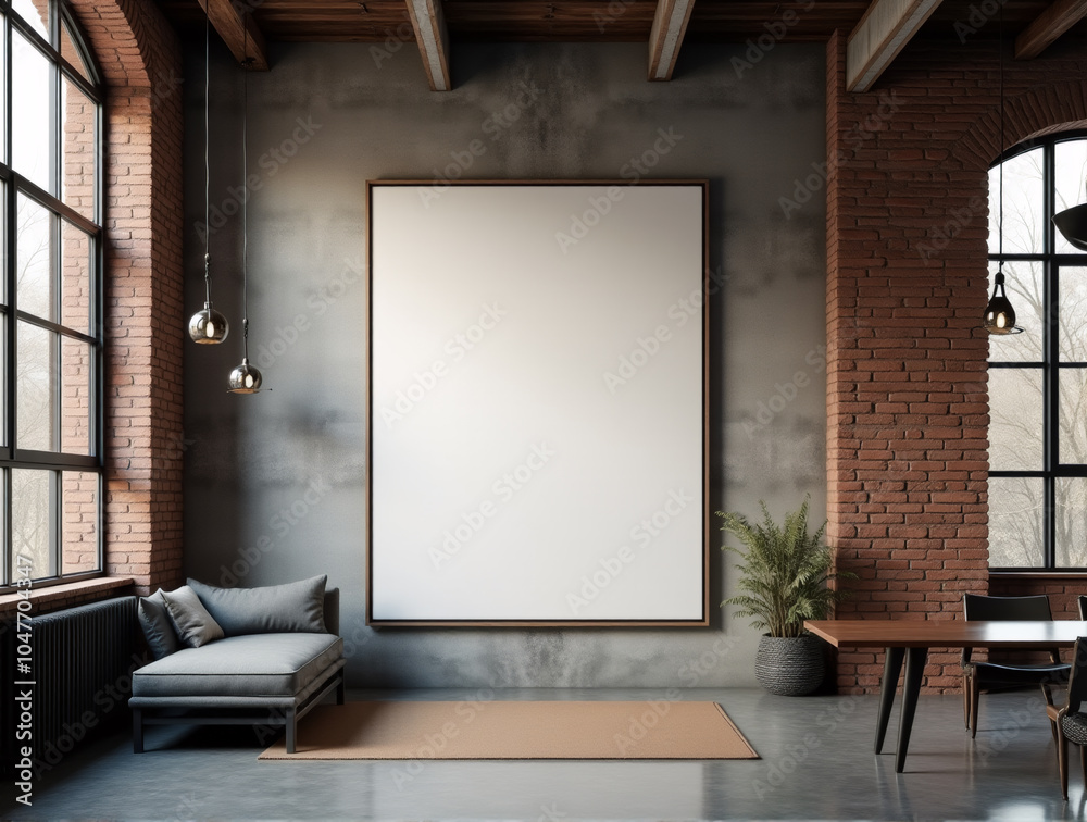 Industrial Loft Interior Mockup with Large-Scale Canvas in Metal Frame on Concrete Wall for Art Prints Display Industrial Loft Interior Mockup with Large-Scale Canvas in Metal Frame on Concrete Wall for Art Prints Display