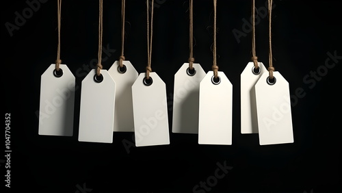  trendy whitetags signs on black background with  nothing written on tags, 